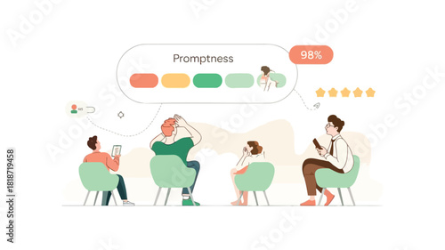 Customer service feedback promptness rating with people waiting for service and positive review