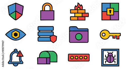 Collection of cybersecurity and data protection icons in a flat design style