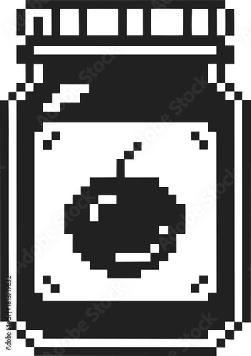 pixel art jar with cherry fruit label retro black white kitchen icon, vintage game style, food preservation concept