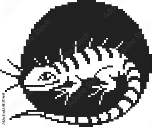 Pixel art lizard curled in a circle retro black and white reptile icon, minimalist animal design, digital illustration