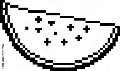 Pixel art watermelon slice minimalist black and white 8 bit fruit illustration with seeds and curved rind for retro design