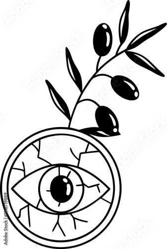 Surreal cracked eye with olive branch design abstract line art, vision and growth, symbolic nature inspiration