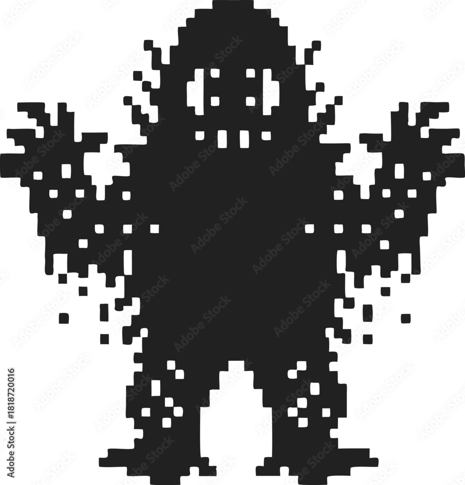 Fototapeta premium Pixelated monster silhouette with raised hands retro 8 bit design, blocky digital figure, video game creature illustration
