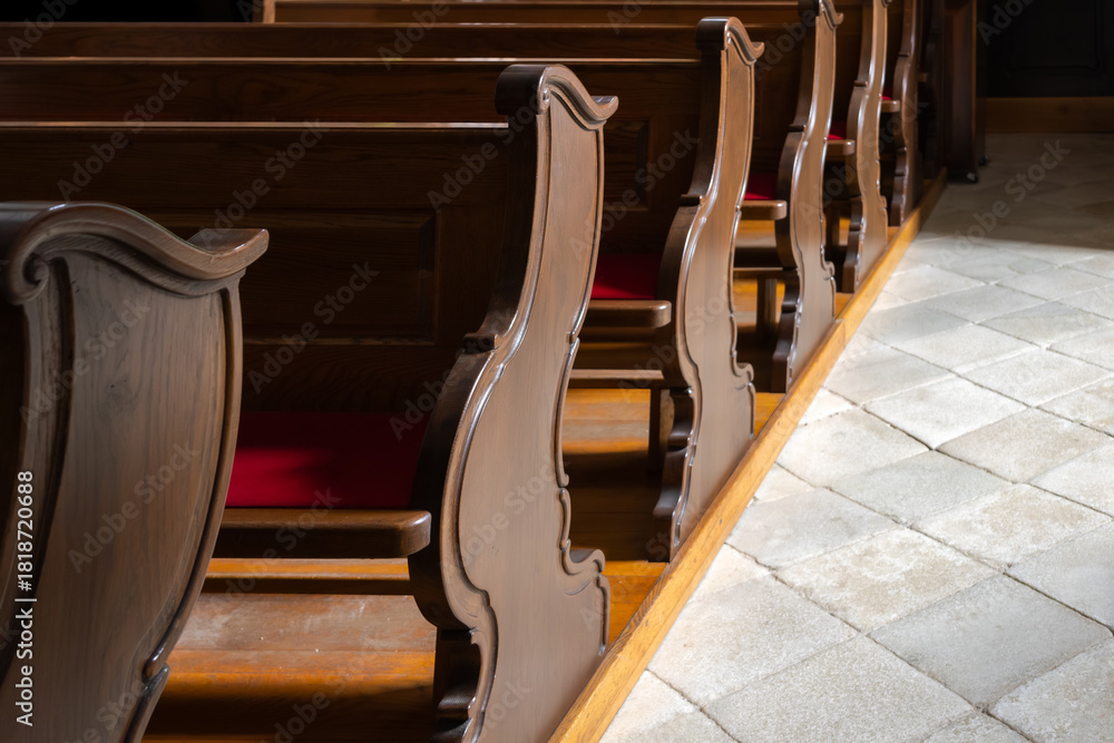 Φωτογραφία close up view of traditional wooden church pews in a row illuminated by sunlight