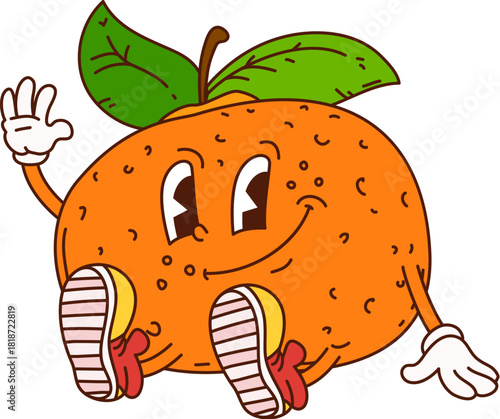 Groovy funky Christmas mandarin character with bright smile waves hello. Cute fruit personage wears stylish yellow sneakers and has festive holiday vibe. Happy vector mascot for seasonal greetings