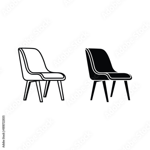 Two modern chair icons, outline and solid, isolated on