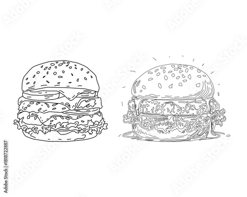 doodle burger pattern background. doodle fast food burger seamless pattern background. seamless pattern of hamburger in doodle style. Seamless Pattern of a Cheese Burger or Hamburger