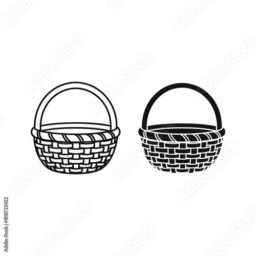 Two wicker basket icons, outline and filled version, isolated on
