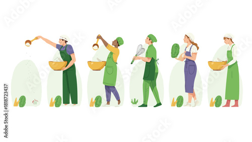 Diverse group of chefs and bakers in green aprons preparing ingredients and mixing dough in bowls