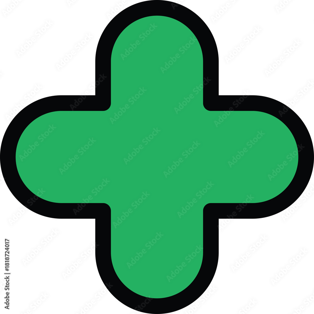 Obraz premium Green Plus Symbol With Black Outline Isolated On Transparent Background Medical Healthcare Symbol Simple Vector Graphic