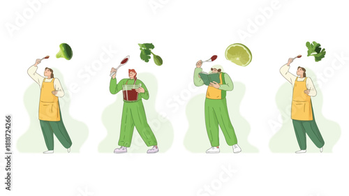 Diverse people in aprons preparing food and drinks with fresh ingredients and recipe book