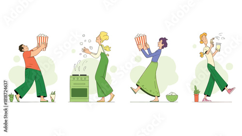 Diverse people enjoying popcorn and drinks in a stylized flat illustration with a playful modern aesthetic