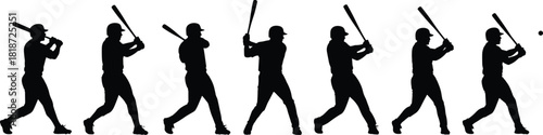 Baseball batter silhouette sequence showing swinging motion, athletic hitting poses, sports action progression, vector illustration of player performing dynamic baseball swing.
