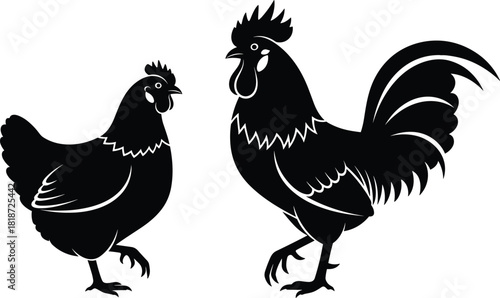 Black silhouette illustration of rooster and hen standing together, perfect for farm animal graphics, poultry designs, agriculture branding, and rustic vector artwork.