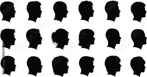Collection of diverse male and female head profile silhouettes in black vector style, ideal for identity concepts, avatars, icons, and graphic design.