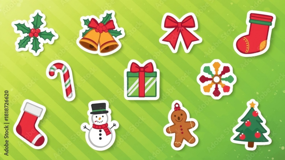 Fototapeta premium Set of cute cartoon Christmas stickers with white outlines on a green background.