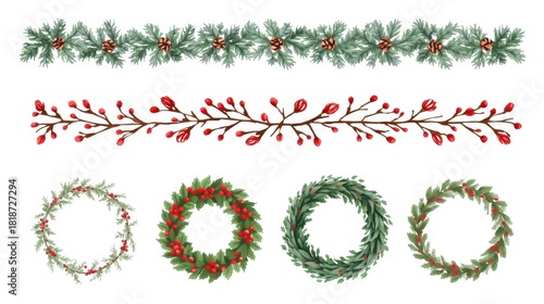 Set of realistic Christmas borders, garlands, and pine wreaths with berries.