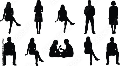Silhouette collection of men and women sitting and standing in various poses, versatile vector figures for design, signage, decoration, and illustration projects.