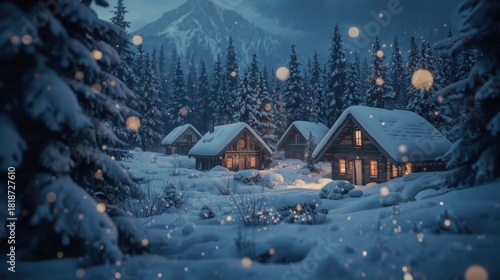 Cozy wooden houses nestled in a snowy forest on a cold winter night.