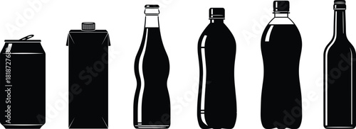Silhouette collection of various beverage containers including cans, cartons, glass bottles, and plastic bottles for packaging design and vector illustration use.