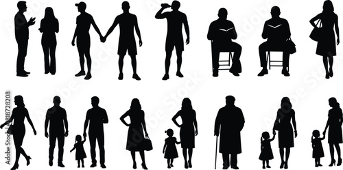 Silhouette illustration of diverse people walking, standing, reading, and interacting, representing everyday human activities and family relationships in modern urban life.
