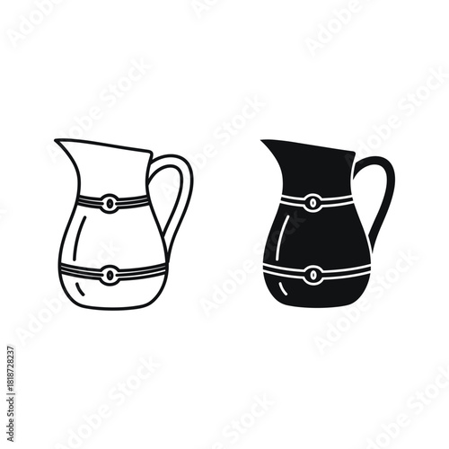 Two pitcher icons, outline and solid silhouette, isolated on
