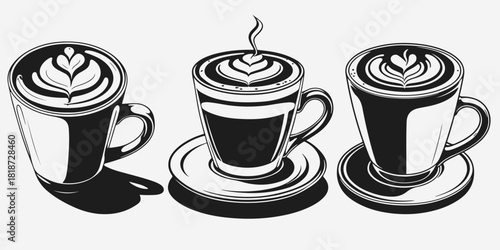 cup of coffee with latte art sketch illustration vector set