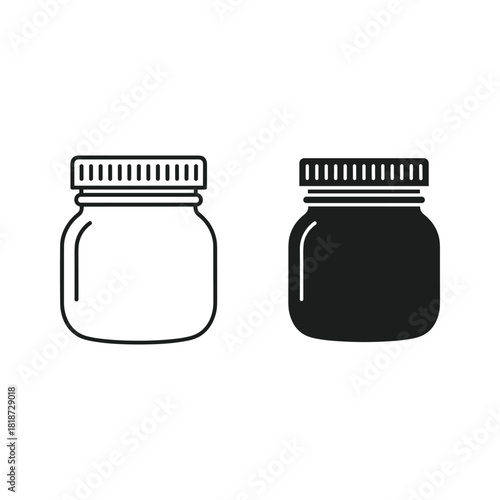 Outline and solid icon set of small glass jar with screw cap