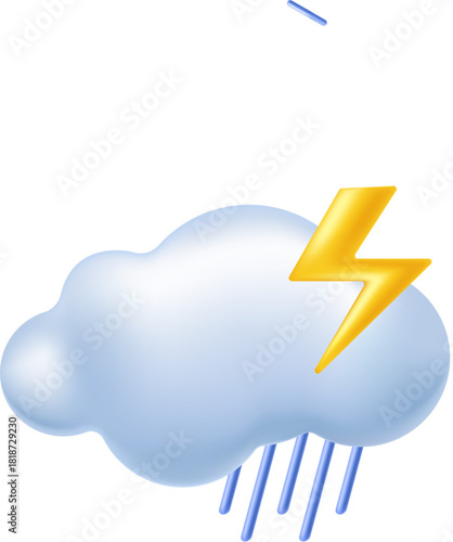3D illustration of a stormy cloud with rain and a lightning bolt, symbolizing weather changes and atmospheric phenomena