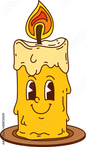 Groovy Christmas candle character with happy smile and flickering flame. Funky retro candle with vintage comic vibes. Cute vector personage for Halloween or Christmas party