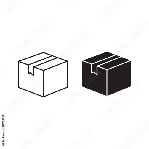 Two isometric cardboard box icons, outline and solid fill isolated on white