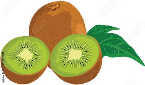 Illustration of a whole kiwi fruit with two halves displayed in front, accompanied by green leaves, against a white backdrop.