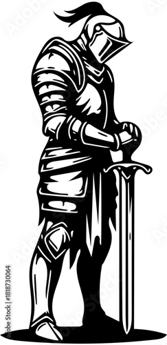 Valiant armored warrior standing firm with a magnificent broadsword, a powerful monochrome illustration symbolizing historical might, courage, and unwavering defense