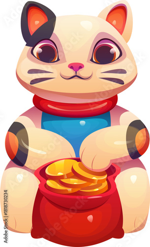 Cartoon lucky Japanese Maneki Neko cat toy with a red sack brimming with golden coins, symbolizing prosperity. Isolated vector beckoning kitten toy, symbol of Asian culture, wealth and good fortune