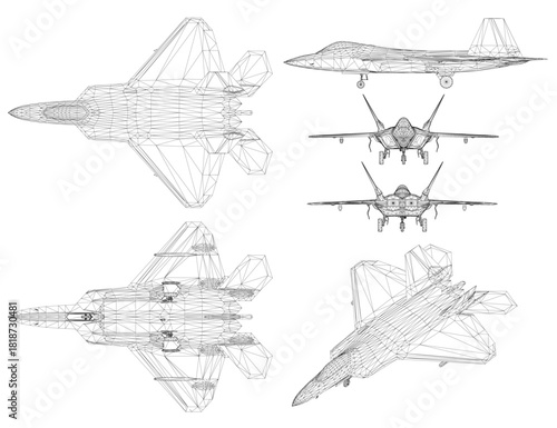Set of low poly fighter jets in symmetrical formation on white background. Each combat aircraft features a unique wireframe design with clean geometric lines and 3D depth.