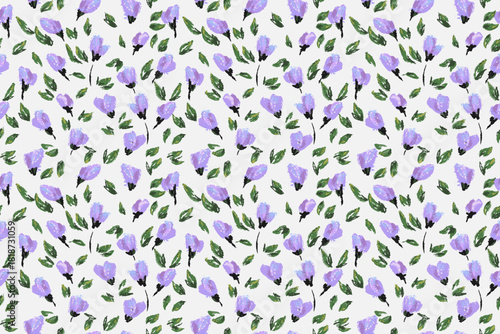 Seamless vector pattern with expressive hand painted lavender buds and textured green leaves on a light background. Artistic brushstrokes create a fresh, modern botanical design