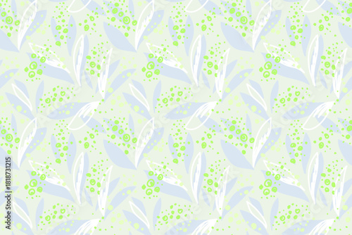 Seamless vector floral pattern with light blue and white leaves, green berries, and dots on a pale background. Fresh botanical design for spring textiles, wrapping, and decor