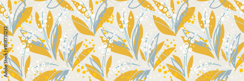 Seamless vector floral pattern with yellow and blue abstract leaves and white berries on a light beige background. Modern botanical design for fabric, wrapping, and stationery