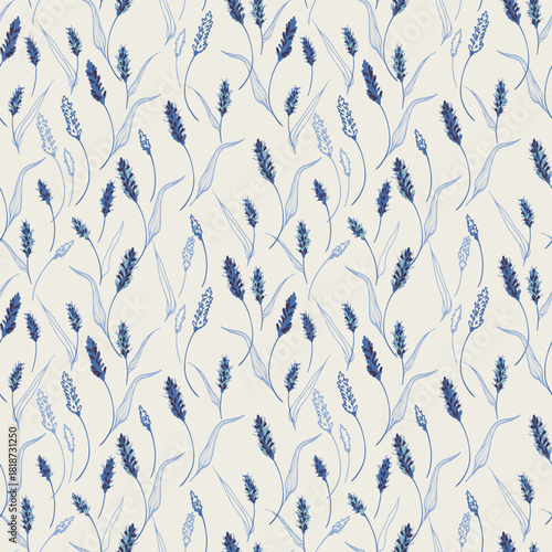 Seamless vector pattern with elegant blue botanical spikes and flowing linear leaves on a light cream background, creating a refined natural design for textiles and decor