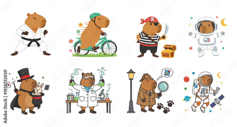 Fototapeta premium Charming Pixel Art Capybaras Exploring Diverse Roles and Adventures
