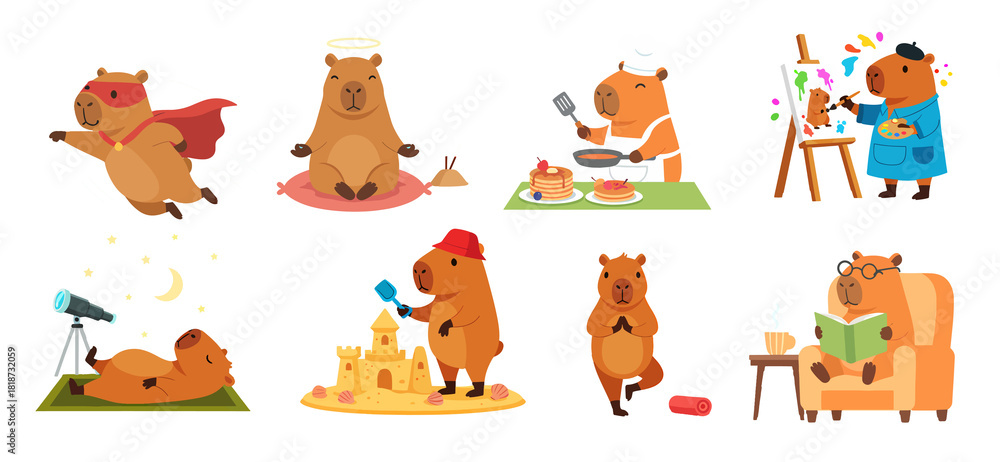Fototapeta premium Cute Capybaras Enjoying a Variety of Fun Hobbies and Adventures
