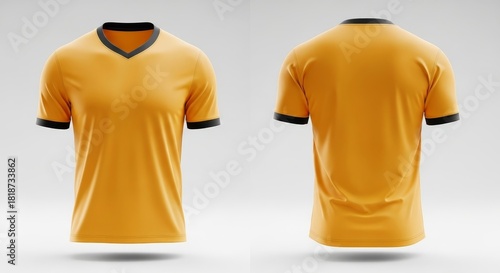 Yellow and black v neck t shirt front and back view presented on a white background space