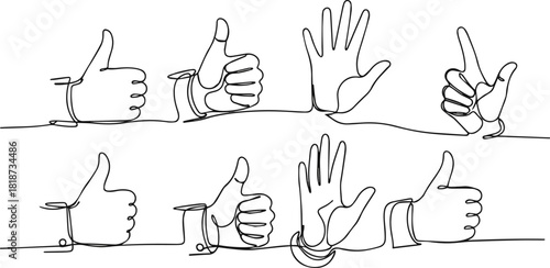 Isolated a kinds of deferent Thumb up in one continuous line drawing. Hand showing like and great sign in simple linear style. Finger up symbol in editable stroke. Doodle vector art .