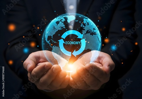 Hands holding digital globe with economy symbol and glowing light against dark background
