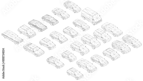 Urban car set in wireframe style, arranged in a grid pattern on a white background. Various shapes and sizes create a visually interesting composition. Isometric view
