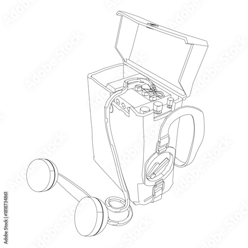 A retro field telephone in a portable box with a handle. The black and white contour drawing shows the rectangular case with an openable lid.