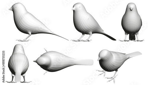 Polygonal sparrow set featuring four unique bird illustrations with detailed sketches.