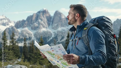 Determined Male Hiker Navigating Scenic Mountain Trail with Detailed Topographic Map