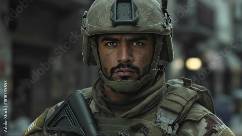Determined soldier portrait amidst urban backdrop evokes conflict zone intensity