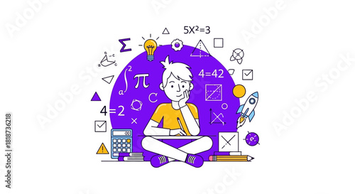Illustration depicting a student immersed in a creative learning environment with mathematical